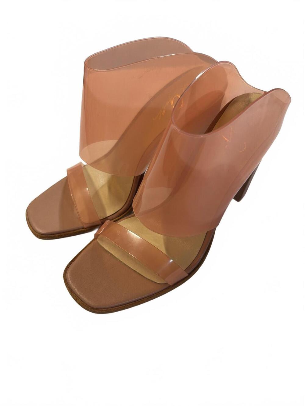 42 GOLD Liya Clear Nude Vinyl Heeled Sandals 4 inch Chunky Women's Size 8 NWOT